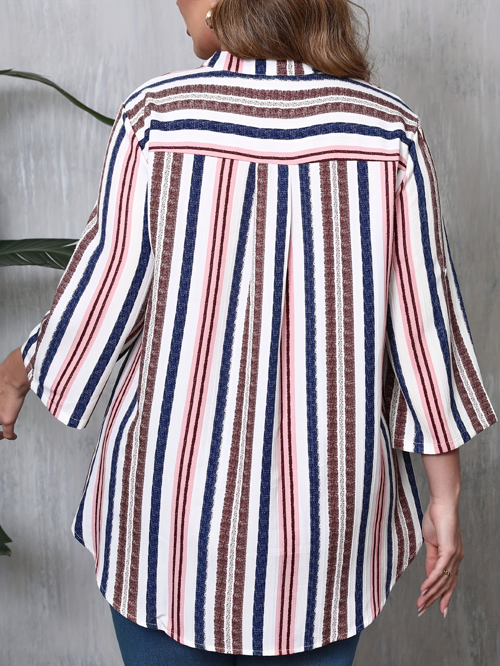 Women's Plus Size Striped Print Shirt - Spring Or Summer Daily Office Roll-Up Sleeve Button-Down Top