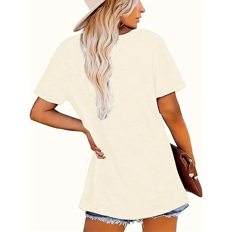 Women's Floral & Letter Print Round Neck Tee - Stylish Summer Short Sleeve Blouse