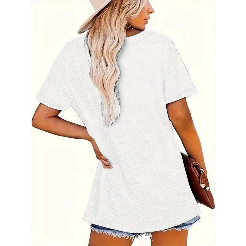 Women's Red Floral Print Round Neck Tee - Minimalist Summer Short Sleeve Top