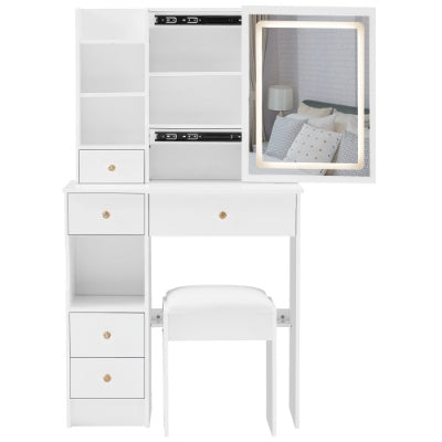 29.2 Small Size Left Drawer Desktop Vanity Table  Cushioned Stool, Large Sliding, Touch Control, Tri-color Switching, Brightness Adjust LED Mirror, High Capacity Storage, Suitable For Small Space