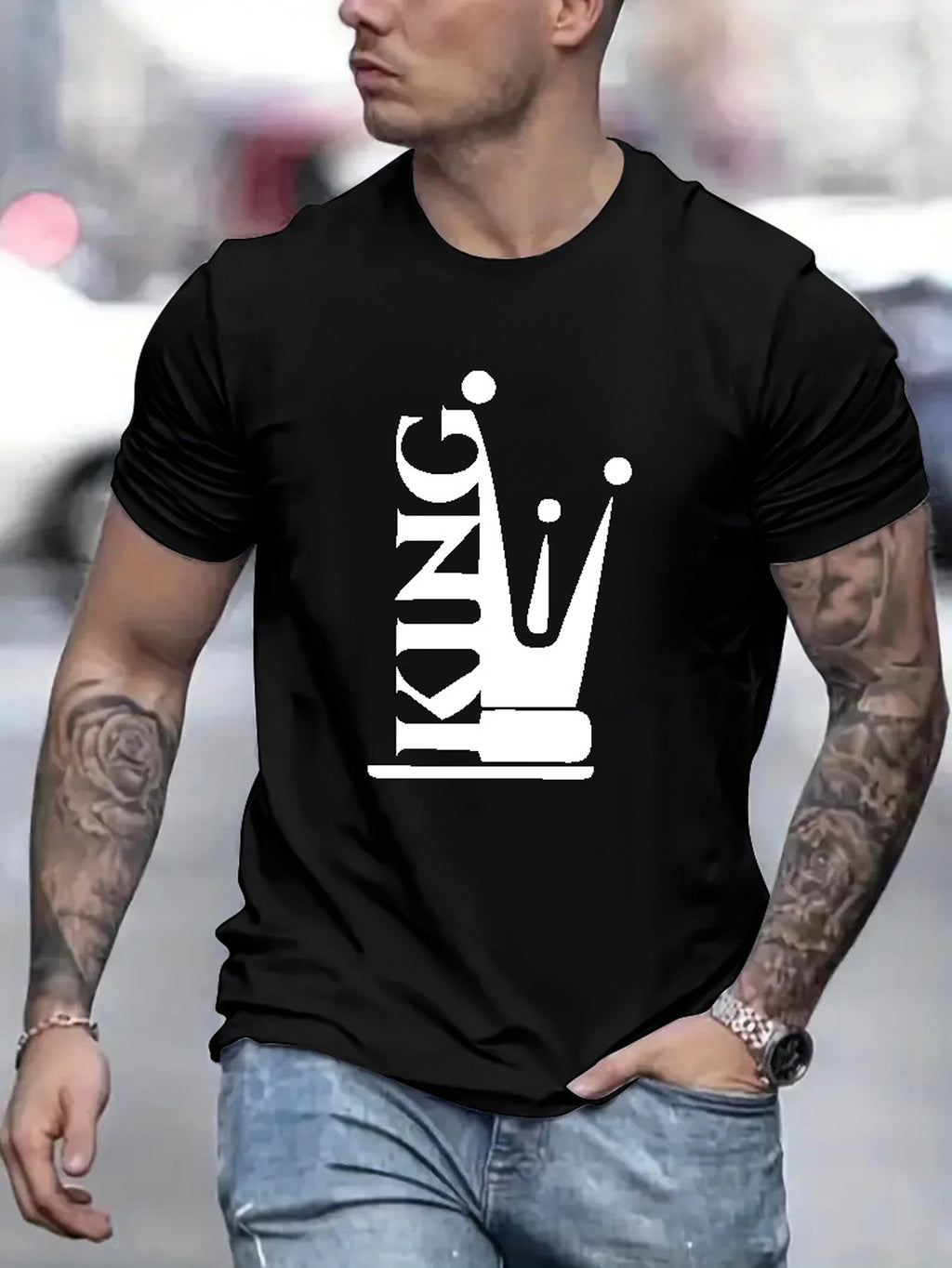 KING Creative Letter Printed Casual Round Neck Men's Short Sleeved Shirt, Quick Drying Comfortable Casual Summer T-shirt, Suitable For Daily Wear, Exercise And Vacation Destinations