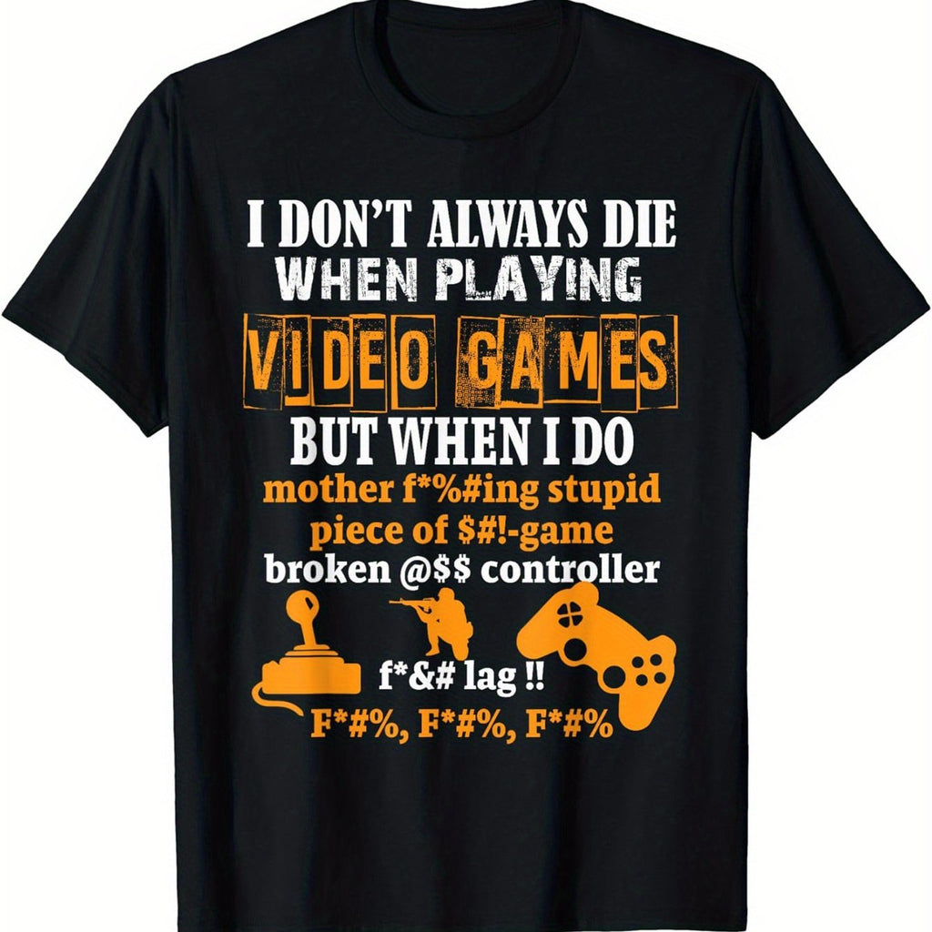 Round Neck Letter And Game Console Printed Men's Fashionable Summer Short Sleeved Sports T-shirt, Comfortable And Versatile