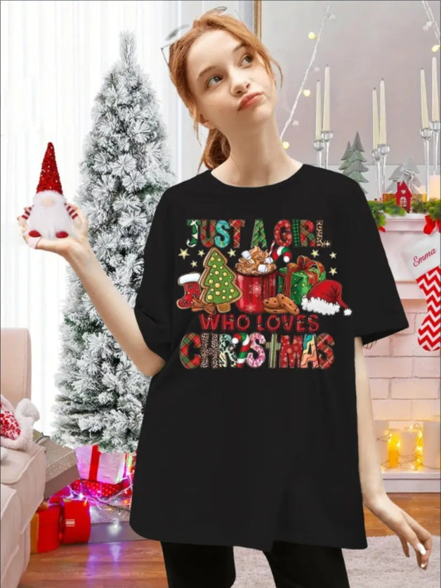 Women'S Christmas Themed Crew Neck T-Shirt, Regular Fit, Casual Sports Style, Summer Wear, Festive Graphic Tee