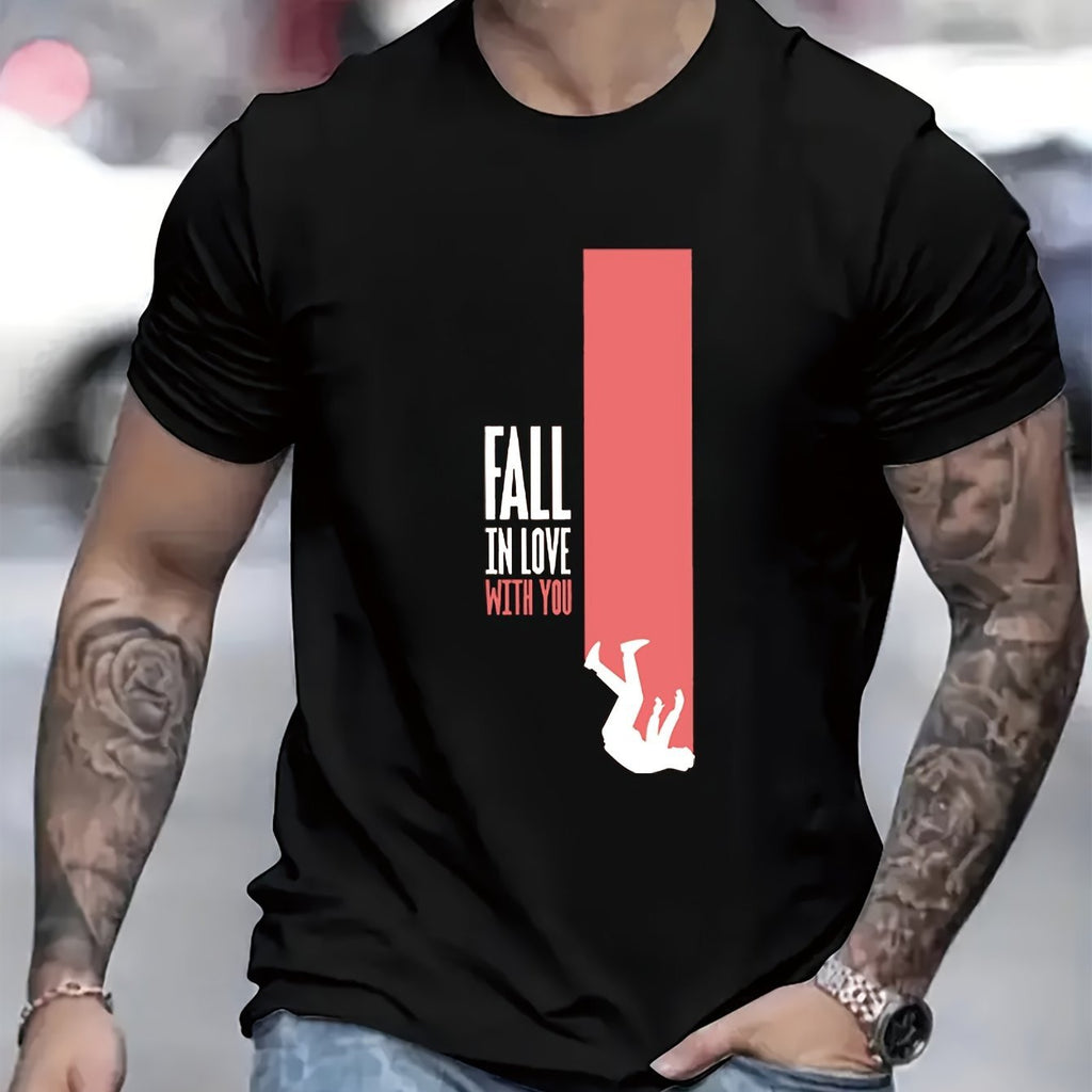 Men's T-shirt, FALL IN LOVE WITH YOU Printed Short Sleeved Round Neck T-shirt, Suitable For Summer, Casual Outdoor And Comfortable Men's Clothing