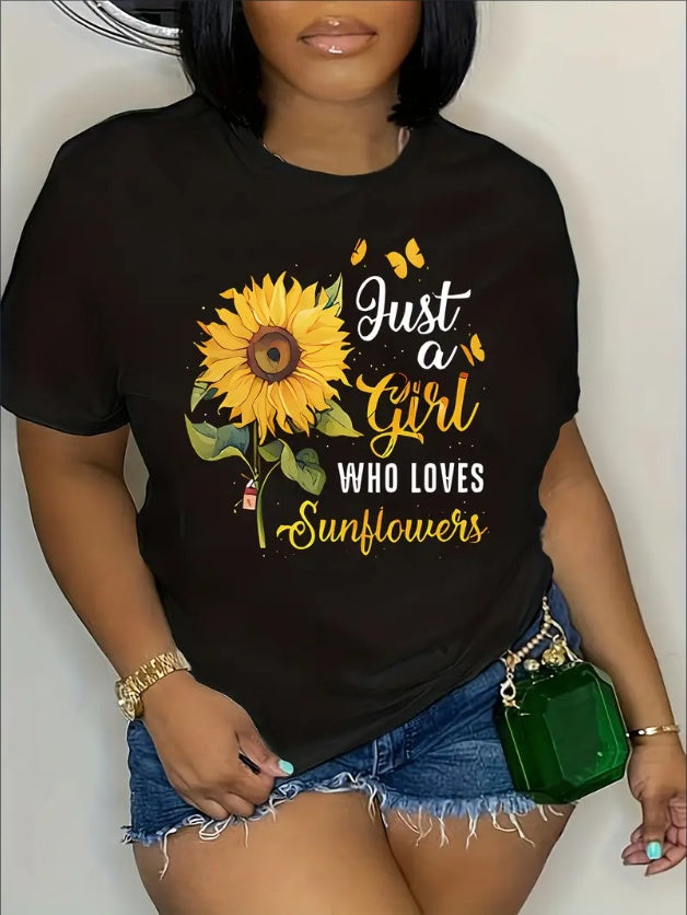 Sunflower And Alphabet Print T-shirt, Casual Short-sleeved Crewneck Top Spring  Summer, Women's Plus Size Clothing