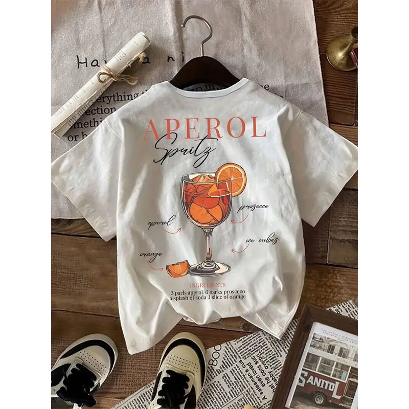 Women'S Short Sleeve Crew Neck Casual Top For Summer & Spring With Letters & Wine Glasses Prints