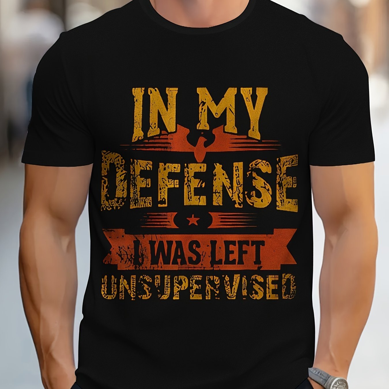 Men's IN MY DEFENSE I WAS UNSUPERVISED Graphic Printed T-shirt, Short Sleeved Round Neck T-shirt, Summer Outdoor Men's Clothing