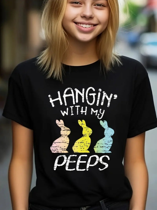 Hanging With My Peeps Cute Bunny Graphic Tee For Teens - Hip-Hop Style, Short Sleeve, Round Neck, Spring Summer Top