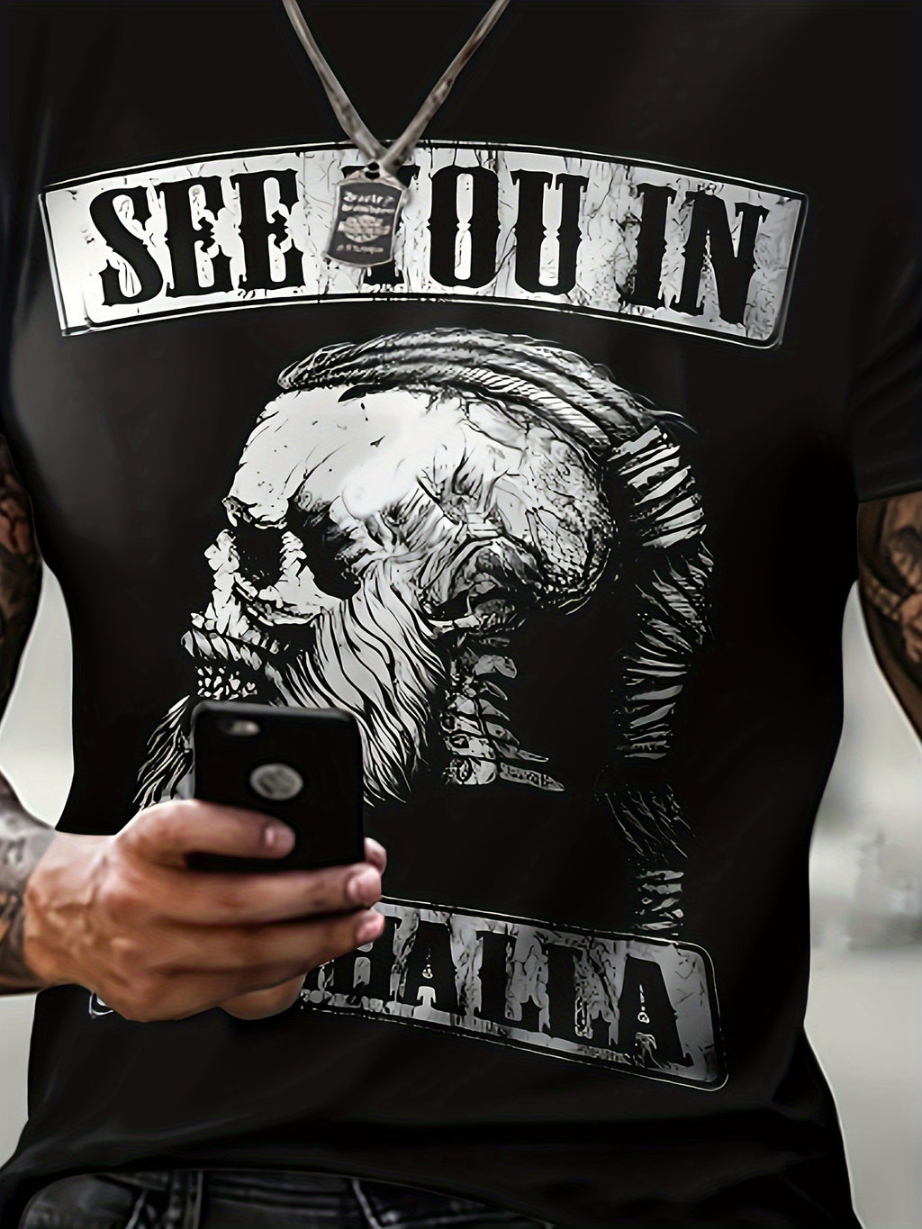 Skull And Alphanumeric Print Men's Cool Short Sleeved Round Neck T-shirt, Summer Outdoor