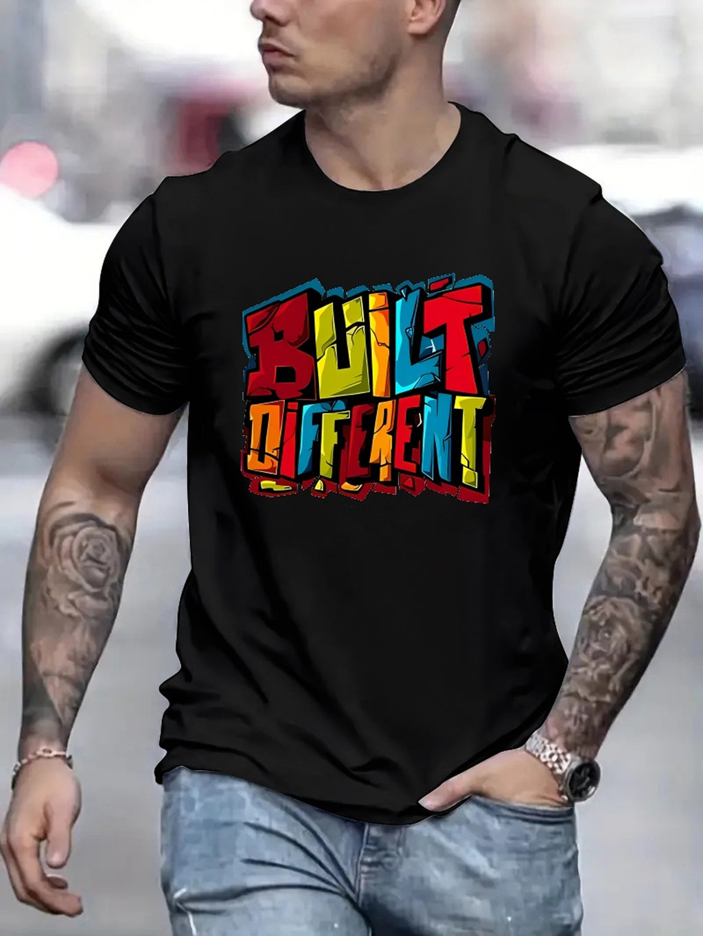 Colorful Letters DIFFERENT Printed Men's Fashion T-shirt, Casual Pattern T-shirt, Short Sleeved Round Neck Top, Men's Spring And Summer Clothing, Men's Clothing