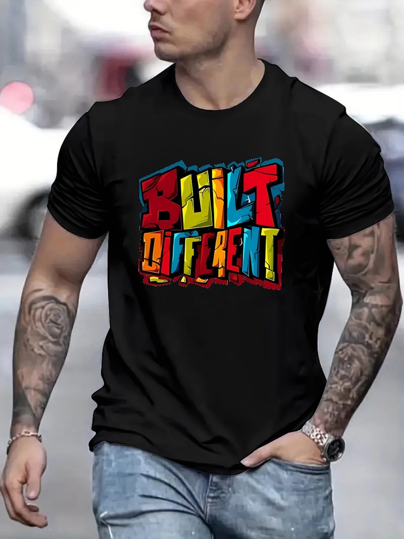 Colorful Letters DIFFERENT Printed Men's Fashion T-shirt, Casual Pattern T-shirt, Short Sleeved Round Neck Top, Men's Spring And Summer Clothing, Men's Clothing