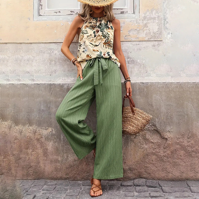 Women's 2 Piece Outfits Summer Casual Sleeveless Halter Neck Crop Tops Wide Leg Pants Set